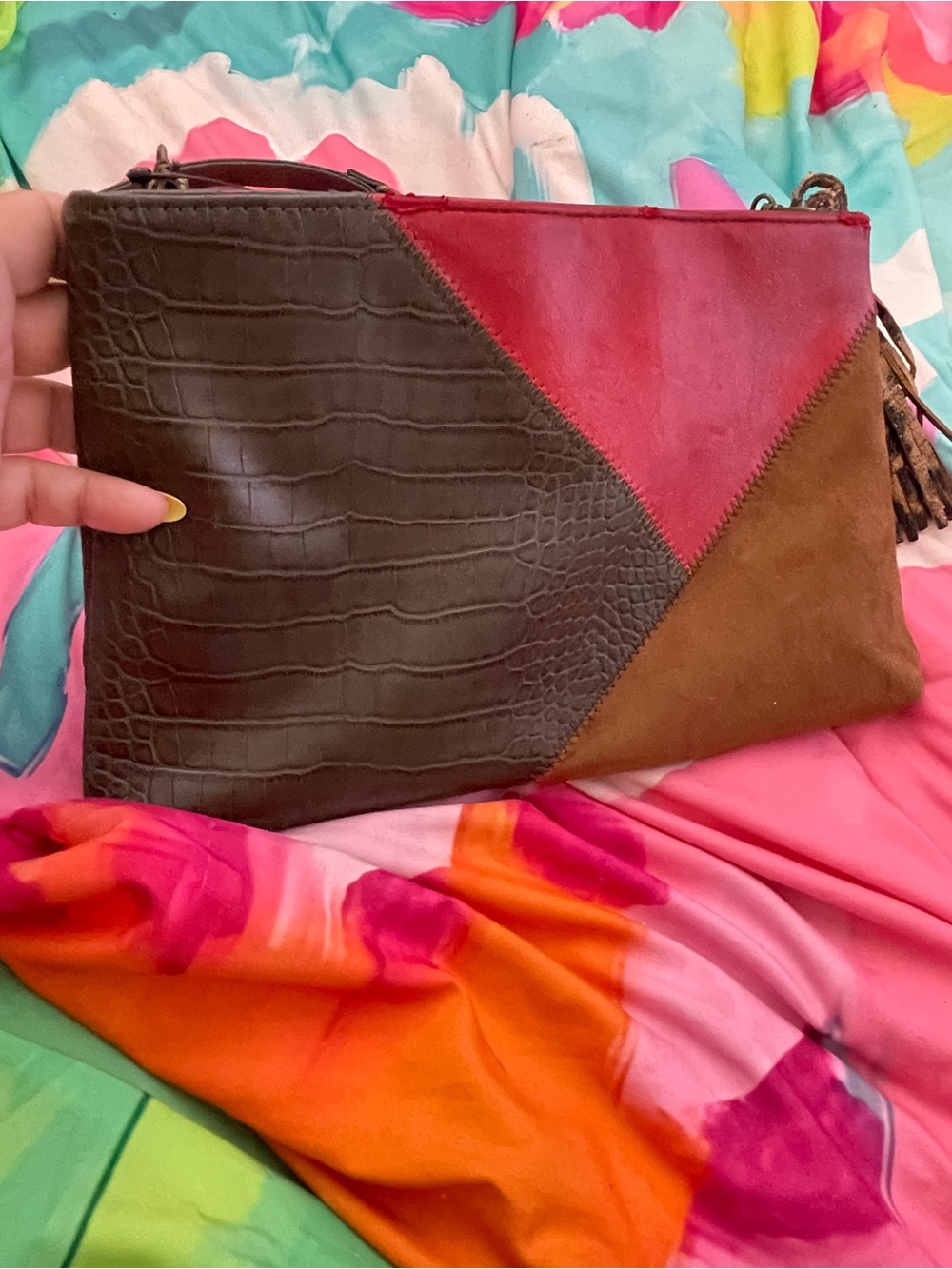 Color-Block Leather & Suede Crossbody Bag in Red, Brown, Olive